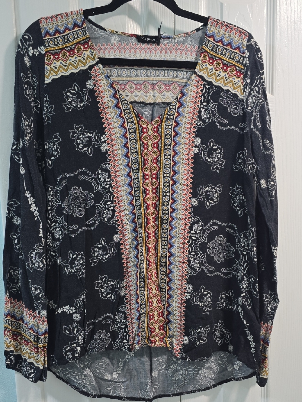 Blu Pepper Black & White Patterned Boho Top with Embroidered Accents